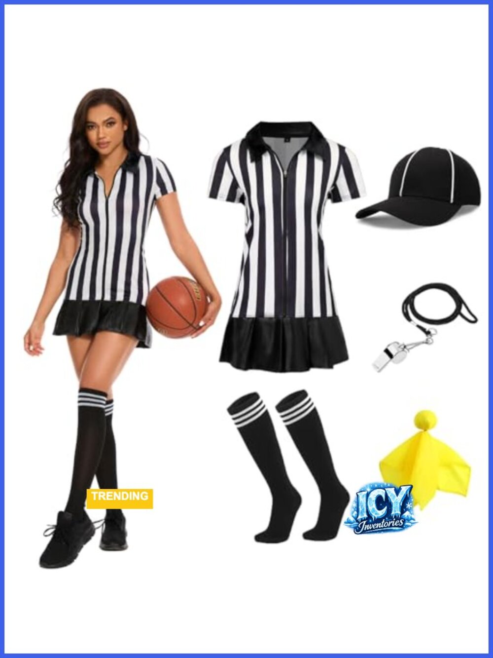 Women Referee Costume Set 5pcs Zip Dress Whistle Flag Hat Socks Halloween